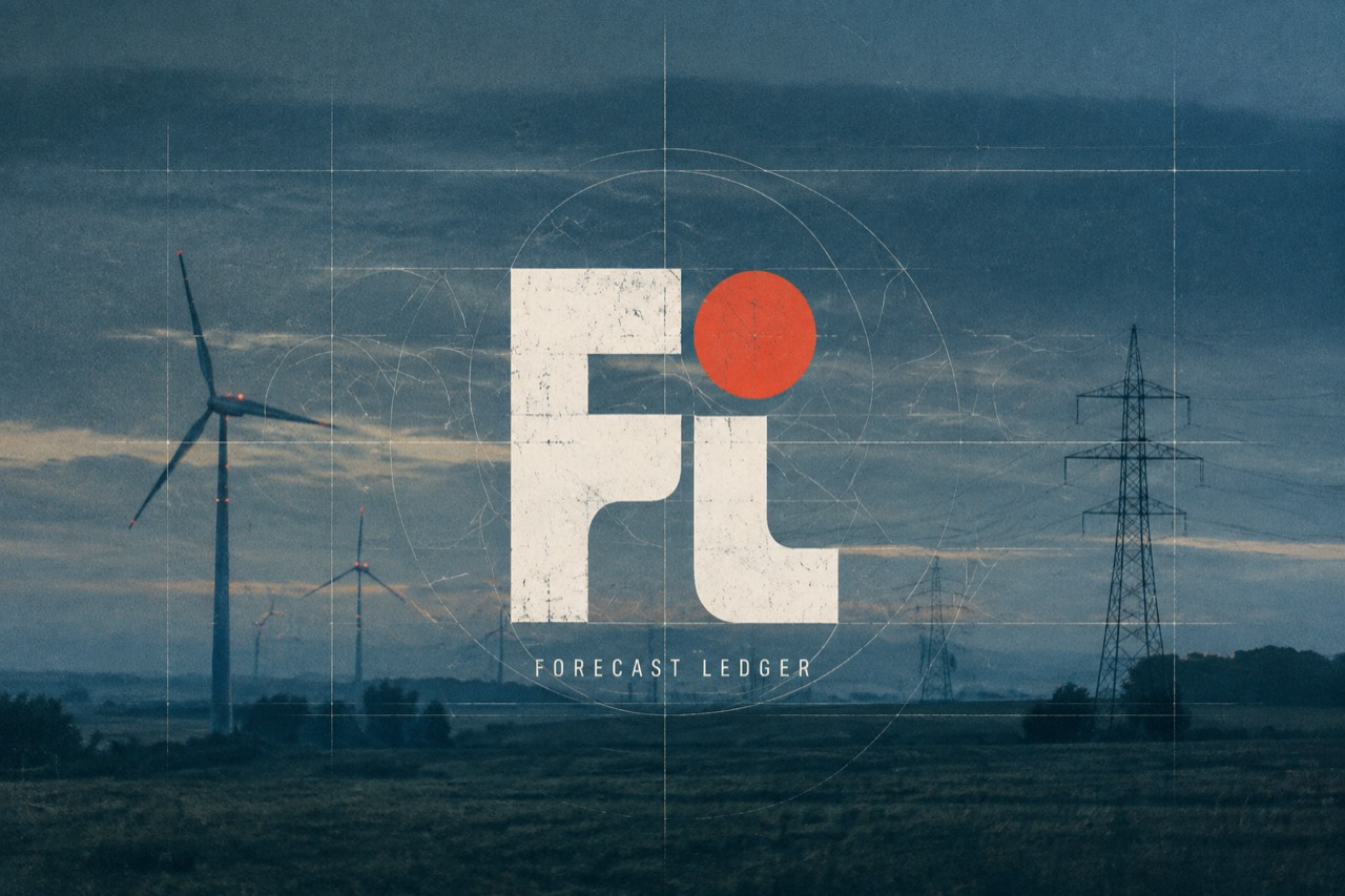 Forecast Ledger artwork over wind turbines and electricity transmission lines